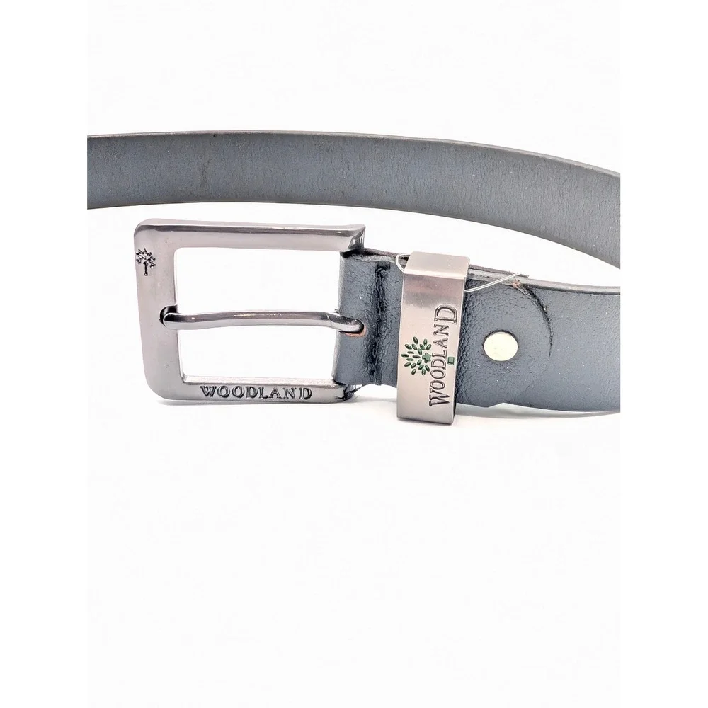 Woodland Leather Belt Mens 46 Black Gunmetal Buckle Logo Rugged Casual NWT